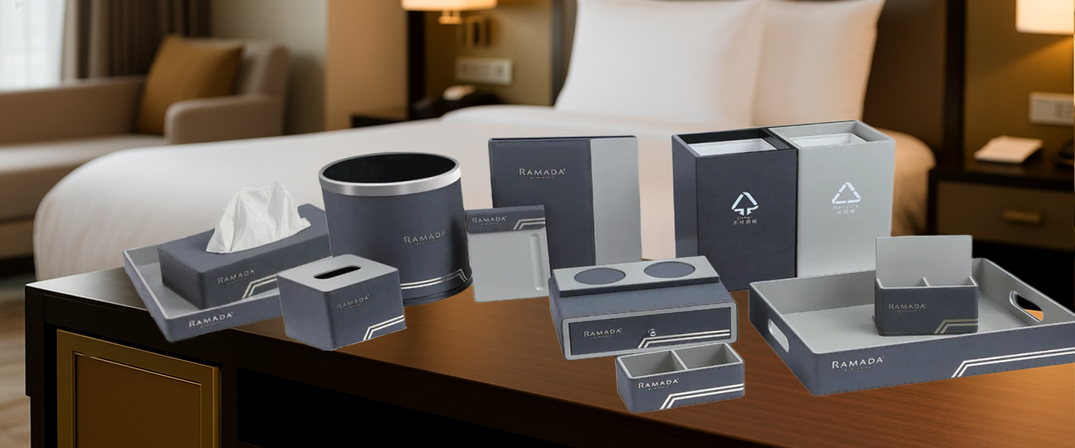 Hotel Leather Accessories Collection | Maples Dubai Premium hotel leather accessories including full leather, bamboo-accented, and wooden-inspired collections for guest rooms in Dubai