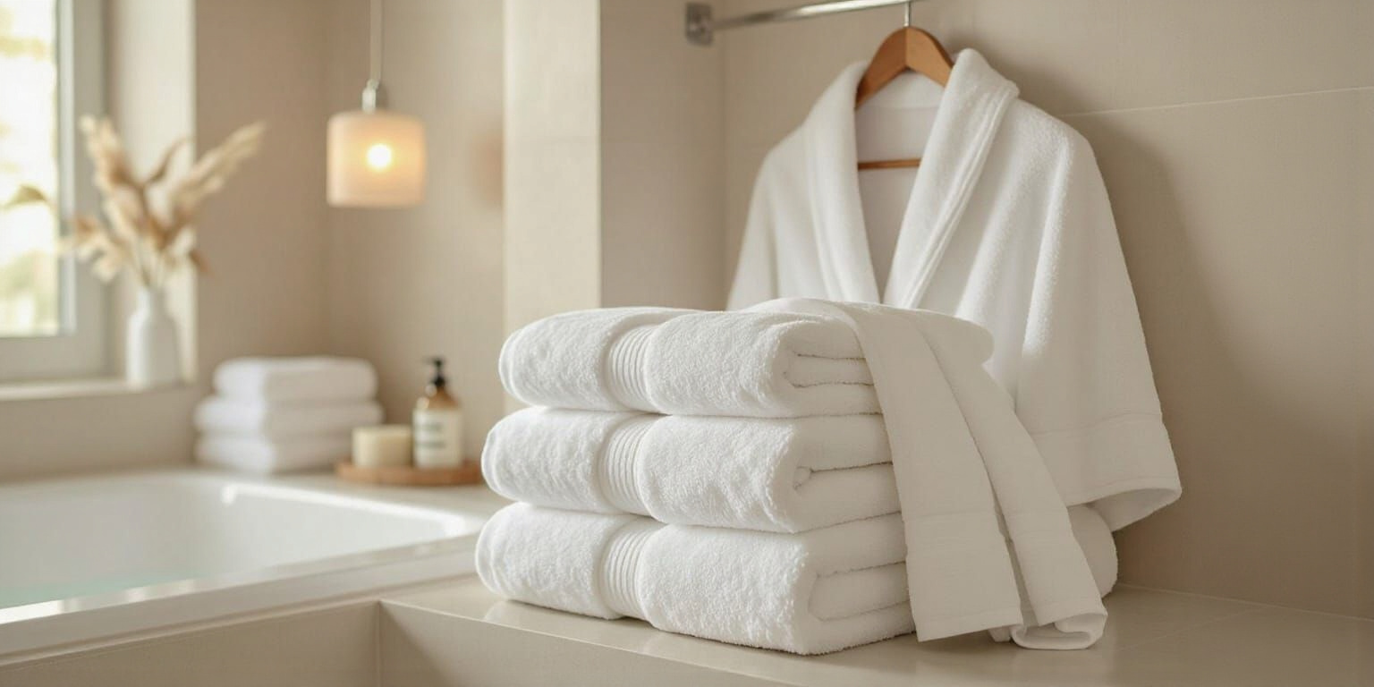 Premium Bath Linen Collections | Luxury Hotel Supplies Dubai Luxury hotel bathroom with premium bath linen, soft white towels, and elegant interior design, highlighting high-quality bath linen collections in Dubai for pure indulgence.