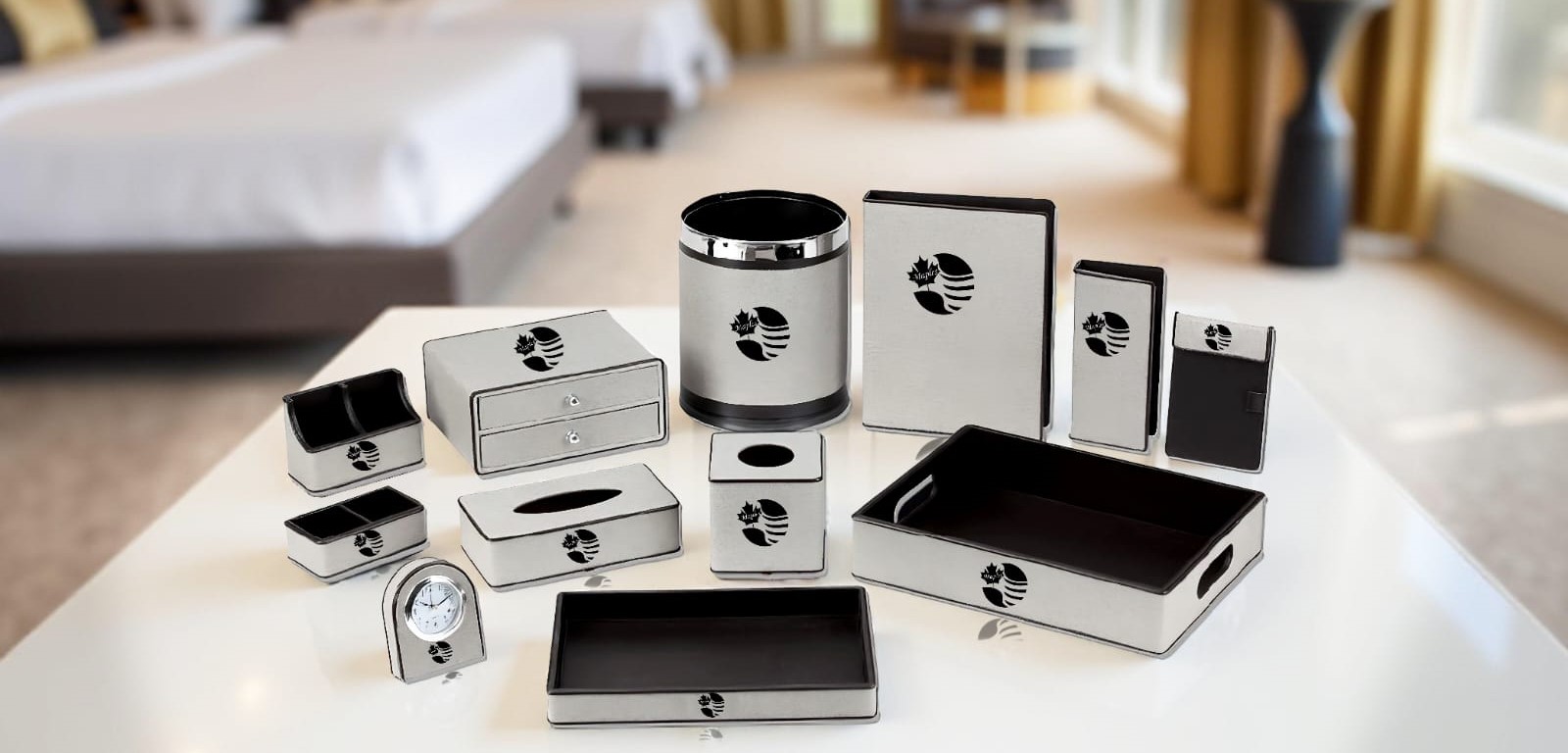 Hotel Leather Accessories Collection | Maples Dubai Premium hotel leather accessories including full leather, bamboo-accented, and wooden-inspired collections for guest rooms in Dubai
