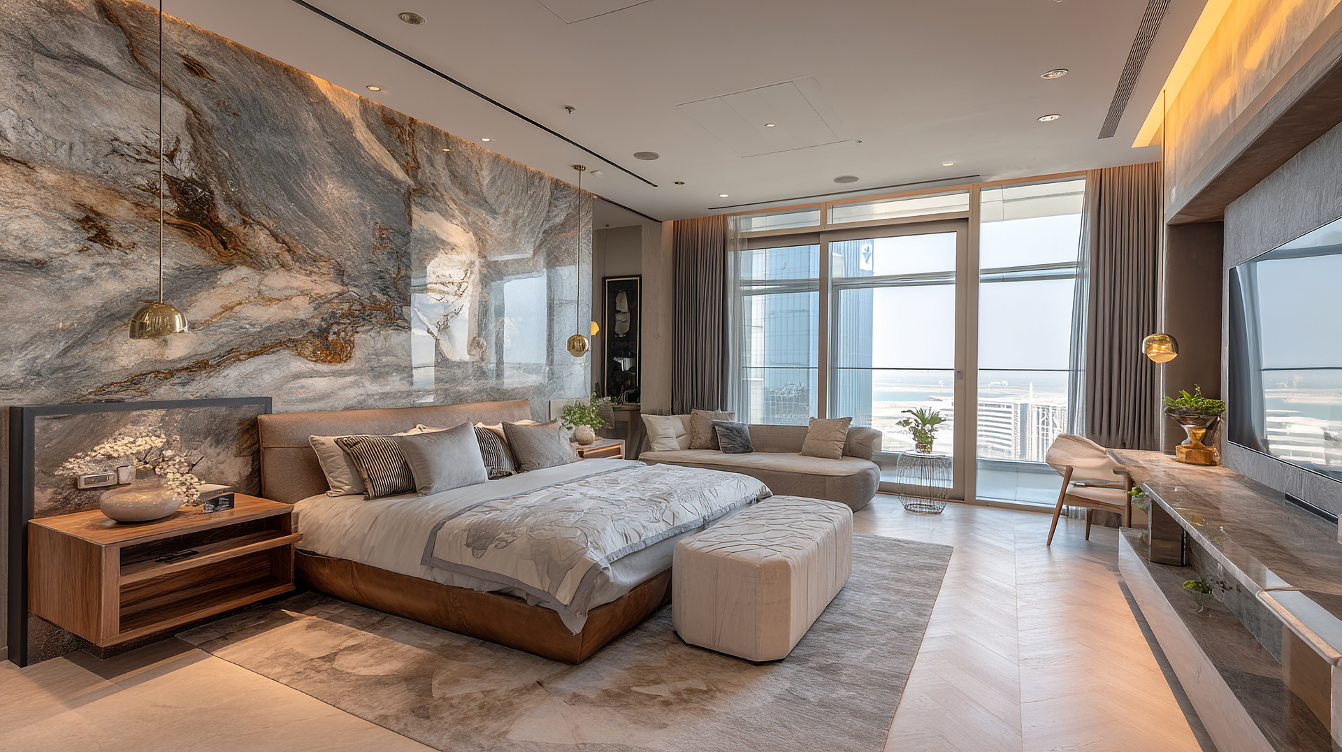 Luxury hotel bedroom with premium bed linen, soft pillows, and elegant décor, showcasing high-quality linen collections in Dubai for unforgettable guest comfort.