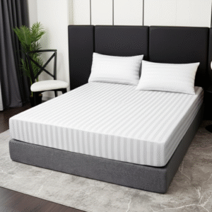 Maples Stripe Polycotton Fitted Bed Sheet, featuring elegant stripes of 0.5, 1, 2, and 3 CMS. Indulge in luxury with 300 thread counts, and find your ideal fit among a range of sizes and a multitude of color options. - Image 1