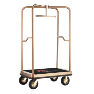 Maples Hotel Stainless Steel Lobby Luggage Trolley - Elevate Your Guest Experience with Anti-Fingerprint Dark Golden Finish and with Elegant Black Carpet. - Image 1