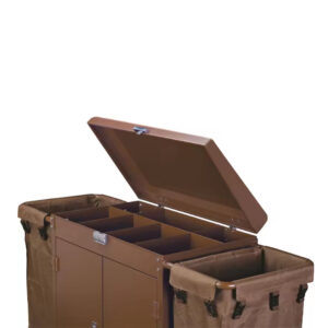 Maples Hotel Housekeeping Trolley - Durable Metal Construction, Coffee Powder Coat Finish, 3 Shelves, Door & Dual Multifunctional Bags. - Image 2