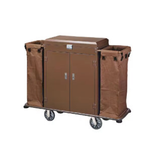 Maples Hotel Housekeeping Trolley - Durable Metal Construction, Coffee Powder Coat Finish, 3 Shelves, Door & Dual Multifunctional Bags. - Image 1