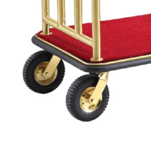 Maples Hotel Stainless Steel Lobby Flat Luggage Trolley with Anti-Fingerprint Golden Finish with Red Carpet - Elegant Luggage Cart for a Luxurious Welcome. - Image 2
