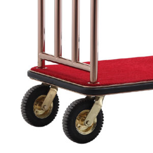 Maples Hotel Stainless Steel Crown Lobby Flat Luggage Trolley with Anti-Fingerprint Rose Golden Finish with Red Carpet - Elegant Luggage Cart for a Luxurious Welcome. - Image 3