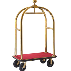 Maples Hotel Stainless Steel Lobby Luggage Trolley, Anti-Fingerprint Gold with Red Carpet - Elegant Luggage Cart for a Luxurious Welcome - Image 1