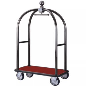 Maples Hotel Stainless Steel Lobby Luggage Trolley, Anti-Fingerprint Silver with Red Carpet - Elegant Luggage Cart for a Luxurious Welcome. - Image 1