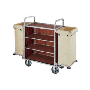 Maples Hotel Stainless steel Housekeeping Trolley, 3 Shelves & Double Multifunctional Bags. - Image 1
