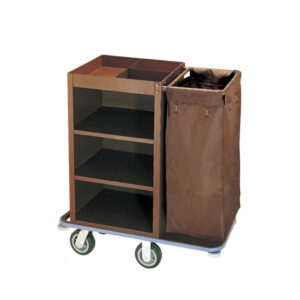 Maples Hotel Housekeeping Trolley - Durable Metal Construction, Coffee Powder Coat Finish, 3 Shelves & Single Multifunctional Bags. - Image 1