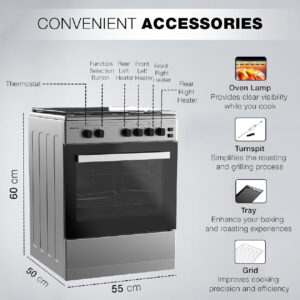 Nikai 60x55cm 4 Burner Freestanding Gas Cooker - FFD, Double Glass Oven, Button Ignition. - Image 2