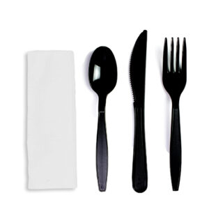 Maples Disposable Black Cutlery Set - 500-Piece Carton, Includes Spoon, Fork, Knife & Napkin. - Image 1