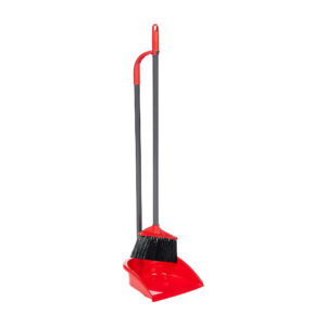 Long Handle Dust Pan & Broom Combo - Efficient Cleaning Set with Extra Wide Mouth, Rubber Lip, Red Color. - Image 1