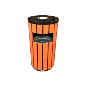 Metal Round Ashtray Bin with Plastic Wood Bar | 18 L - Durable & Stylish for Commercial Outdoor Use. - Image 1