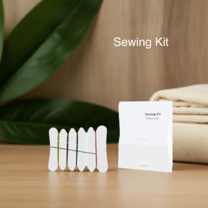 Eden Sewing Kit, Essential Hotel Guest Room Amenity with 2 Buttons, Safety Pin, Needle, and 5 Thread Colors in White Paper Box. - Image 1