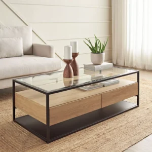 Anders Glass Top Coffee Table, Industrial Design with Metal Frame, Tempered Glass Top, 2 Storage Drawers, Durable & Stylish. - Image 1