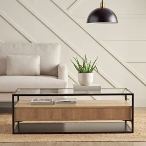 Anders Glass Top Coffee Table, Industrial Design with Metal Frame, Tempered Glass Top, 2 Storage Drawers, Durable & Stylish. - Image 2