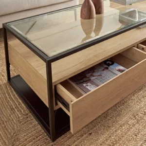 Anders Glass Top Coffee Table, Industrial Design with Metal Frame, Tempered Glass Top, 2 Storage Drawers, Durable & Stylish. - Image 3