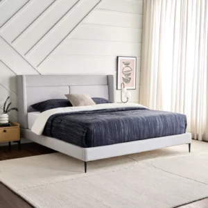 Winger Grey Color Velvet Upholstered Queen Bed with Winged Headboard & Solid Wood Legs, Urban Loft Style, Made in Malaysia, 2-Year Warranty. - Image 1
