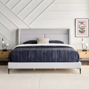 Winger Grey Color Velvet Upholstered Queen Bed with Winged Headboard & Solid Wood Legs, Urban Loft Style, Made in Malaysia, 2-Year Warranty. - Image 2
