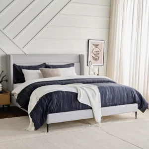 Winger Grey Color Velvet Upholstered Queen Bed with Winged Headboard & Solid Wood Legs, Urban Loft Style, Made in Malaysia, 2-Year Warranty. - Image 6