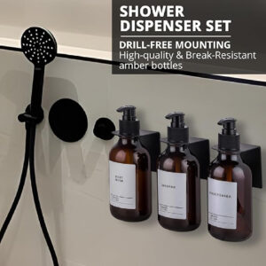 Wall-Mounted 7 Moods Shampoo & Soap Dispenser Set – 3 Amber Refillable Bottles with Pump, Drill-Free Holders & Waterproof Labels. - Image 2