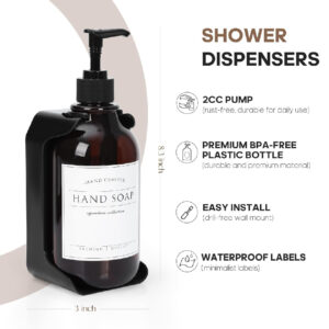 Pretocter 3-Piece Wall-Mounted Shampoo, Conditioner & Soap Dispenser Set - No Drill, Refillable Pump Bottles with Waterproof Labels for Bathroom, Black. - Image 2