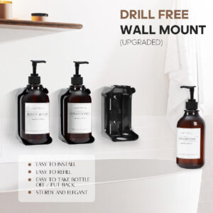 Pretocter 3-Piece Wall-Mounted Shampoo, Conditioner & Soap Dispenser Set - No Drill, Refillable Pump Bottles with Waterproof Labels for Bathroom, Black. - Image 3