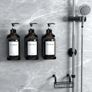 Pretocter 3-Piece Wall-Mounted Shampoo, Conditioner & Soap Dispenser Set - No Drill, Refillable Pump Bottles with Waterproof Labels for Bathroom, Black. - Image 6