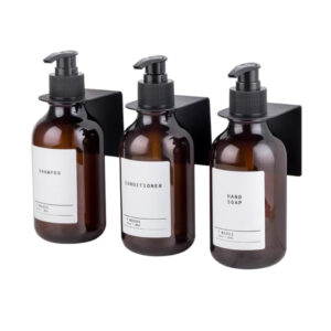 Wall-Mounted 7 Moods Shampoo & Soap Dispenser Set – 3 Amber Refillable Bottles with Pump, Drill-Free Holders & Waterproof Labels. - Image 1