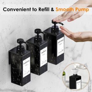 Anhow Wall Mounted Soap Dispenser Set of 3, 500ml, No-Drill Detergent Dispenser for Kitchen & Bathroom, Black. - Image 5