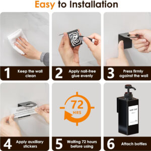 Anhow Wall Mounted Soap Dispenser Set of 3, 500ml, No-Drill Detergent Dispenser for Kitchen & Bathroom, Black. - Image 6