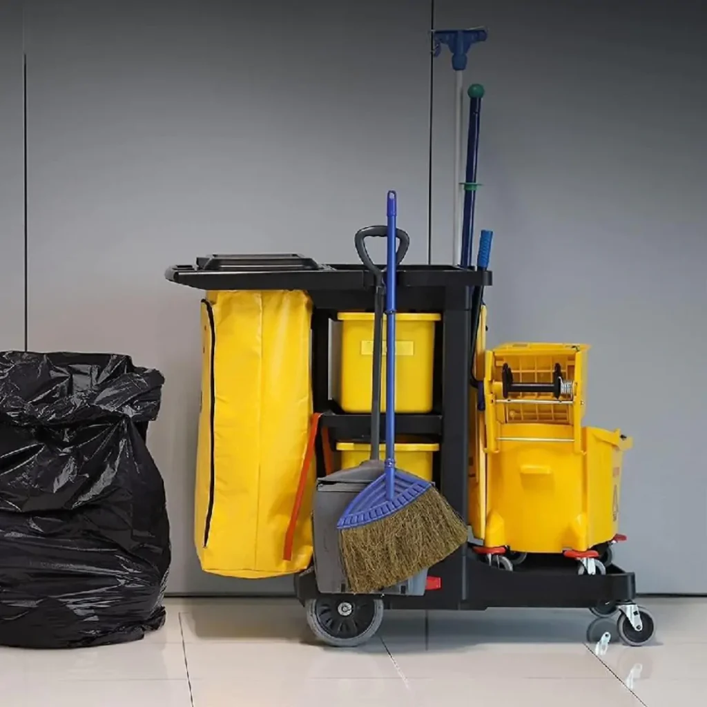 Professional mop bucket trolleys for hotel housekeeping and maintenance
