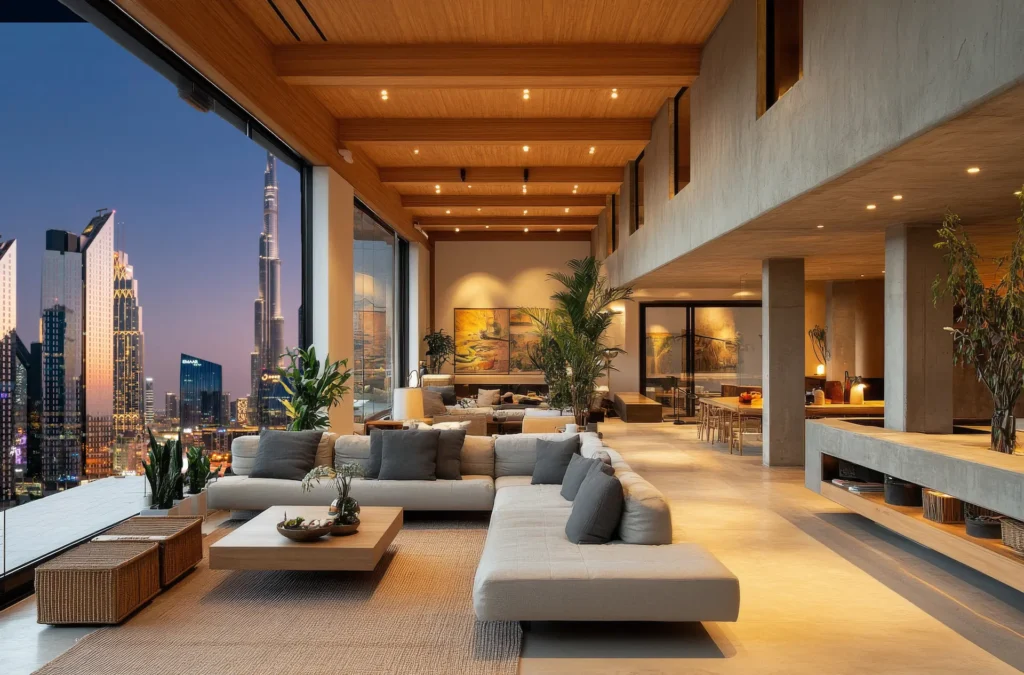 Luxury hotel lobby with elegant furniture and Burj Khalifa view in Dubai, representing premium global hotel supply solutions for exceptional hospitality