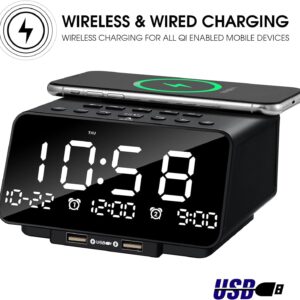 Maples Digital Alarm Clock with Bluetooth, FM Radio & Fast Wireless Charging – Dual Alarm, Hands-Free Call, USB Ports, Auto Sleep Timer - Image 5
