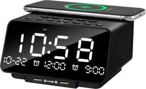Maples Digital Alarm Clock with Bluetooth, FM Radio & Fast Wireless Charging – Dual Alarm, Hands-Free Call, USB Ports, Auto Sleep Timer