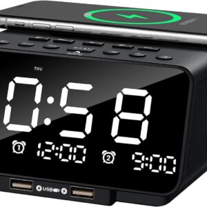Maples Digital Alarm Clock with Bluetooth, FM Radio & Fast Wireless Charging – Dual Alarm, Hands-Free Call, USB Ports, Auto Sleep Timer - Image 1