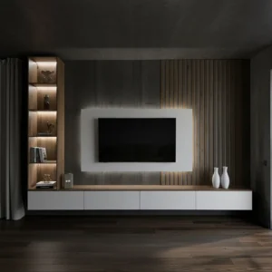 Maples Light Wall Unit – Floating TV Console with LED Backlit Accents, Push-to-Open Drawers & Open Shelving (Customizable)