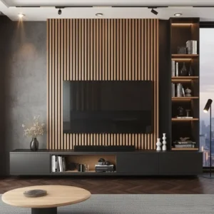 Maples TV Wall Panel – Vertical Slat Design with Illuminated Shelves & Concealed Storage (Customizable)