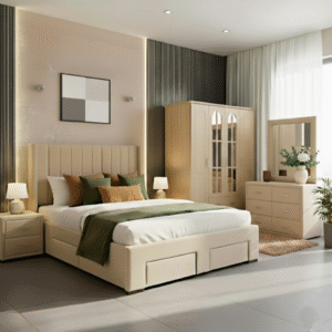 Maples 5-Piece Modern Bedroom Set – Wingback Storage Bed, 2 Bedsides, Dresser & 4-Door Wardrobe - Image 1