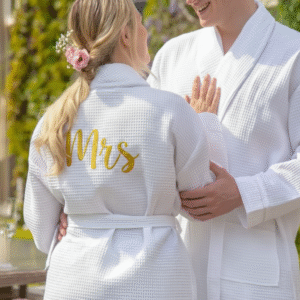 Maples Waffle Bathrobe Couple Set with Golden “Mr & Mrs” Embroidery – 100% Cotton, 350 GSM, Elegant and Customizable - Image 3