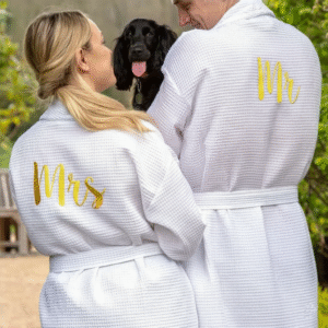 Maples Waffle Bathrobe Couple Set with Golden “Mr & Mrs” Embroidery – 100% Cotton, 350 GSM, Elegant and Customizable - Image 2