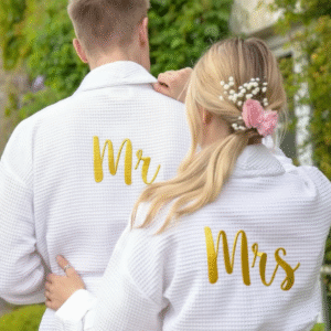 Maples Waffle Bathrobe Couple Set with Golden “Mr & Mrs” Embroidery – 100% Cotton, 350 GSM, Elegant and Customizable - Image 1