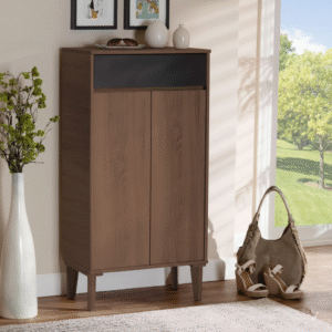 Maples Shoe Storage Cabinet – 2-Door Entryway Unit with Pull-Out Drawer & 5 Shelves (Brown Oak & Rust)