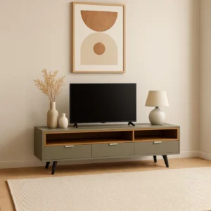 Maples TV Stand – Modern Contemporary Design with Open Shelving & 3 Spacious Drawers (Dark Grey & Natural Oak)