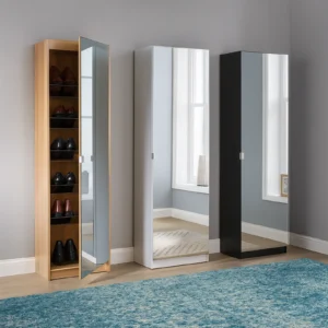 Maples Shoe Cabinet – Full-Length Mirrored Door with Internal Racks & Ventilated Back Panel (Black, Oak & White)